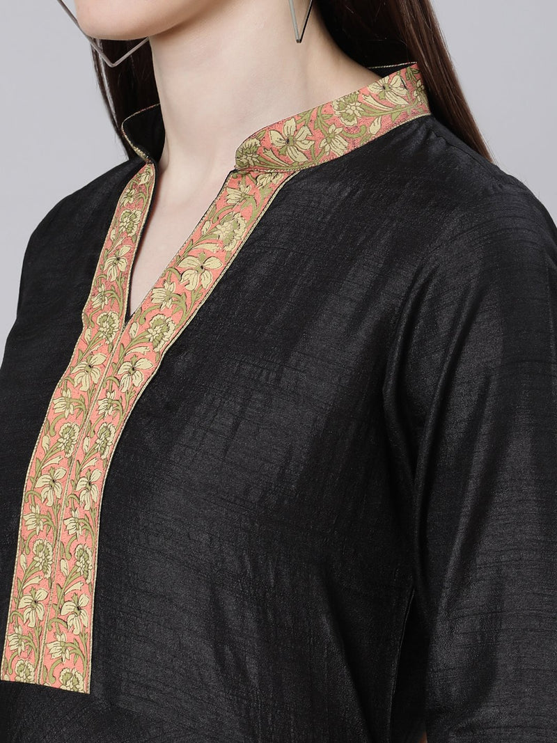 Black Silk Solid A-line Kurta With Palazzo And Cotton Printed Dupatta
