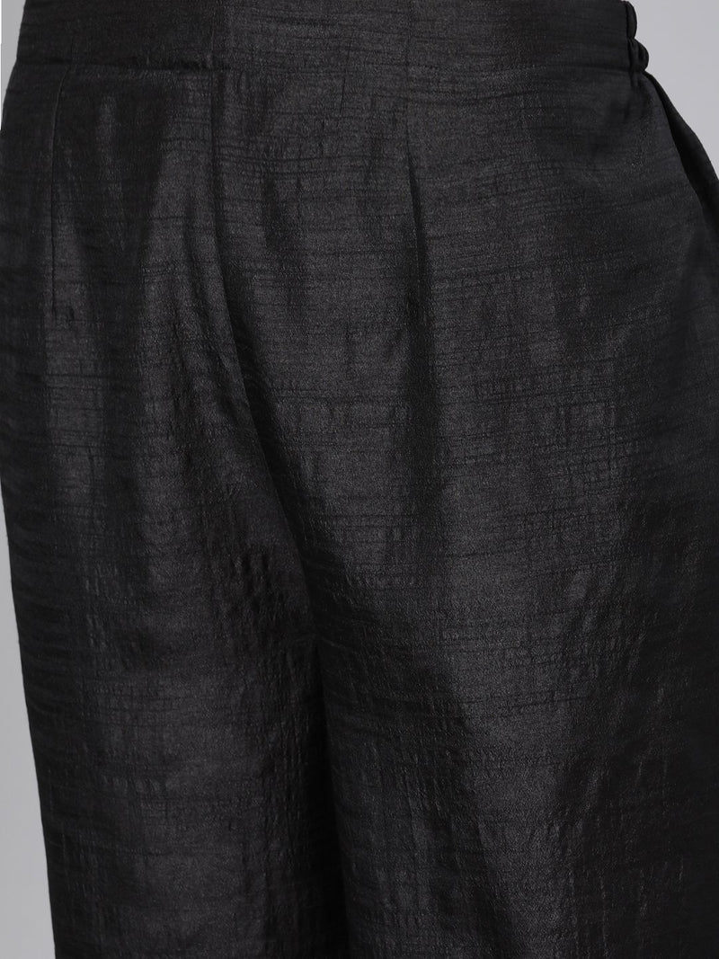Black Silk Solid A-line Kurta With Palazzo And Cotton Printed Dupatta