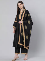 Black Silk Solid A-line Kurta With Palazzo And Cotton Printed Dupatta