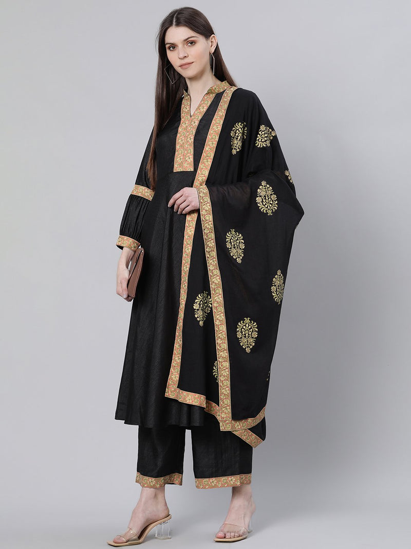 Black Silk Solid A-line Kurta With Palazzo And Cotton Printed Dupatta