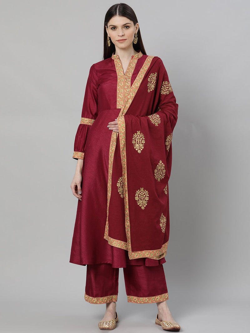 Maroon Silk Solid A-line Kurta With Palazzo And Cotton Printed Dupatta