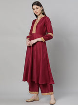 Maroon Silk Solid A-line Kurta With Palazzo And Cotton Printed Dupatta