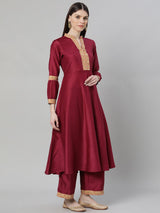 Maroon Silk Solid A-line Kurta With Palazzo And Cotton Printed Dupatta