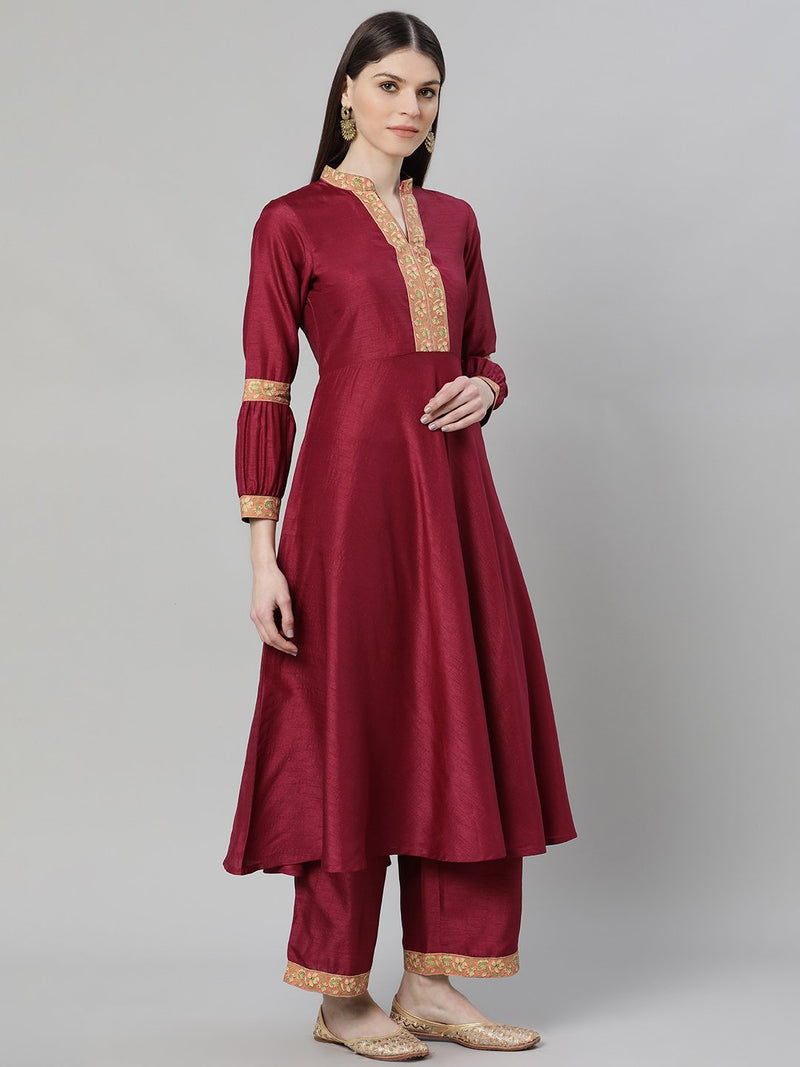 Maroon Silk Solid A-line Kurta With Palazzo And Cotton Printed Dupatta