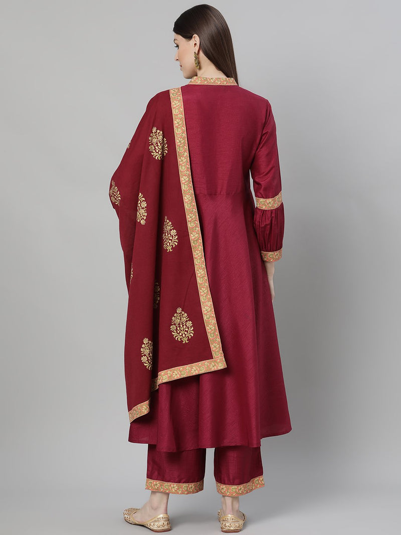 Maroon Silk Solid A-line Kurta With Palazzo And Cotton Printed Dupatta