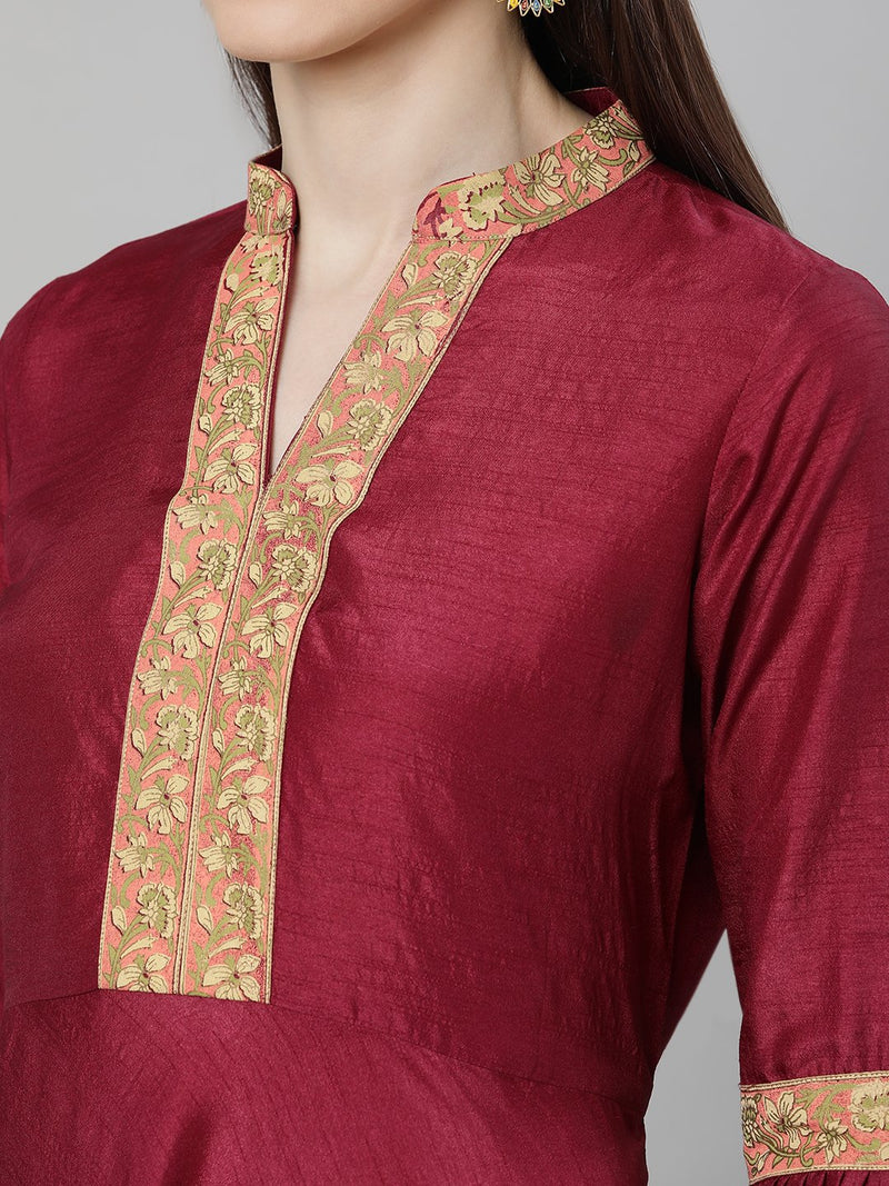 Maroon Silk Solid A-line Kurta With Palazzo And Cotton Printed Dupatta