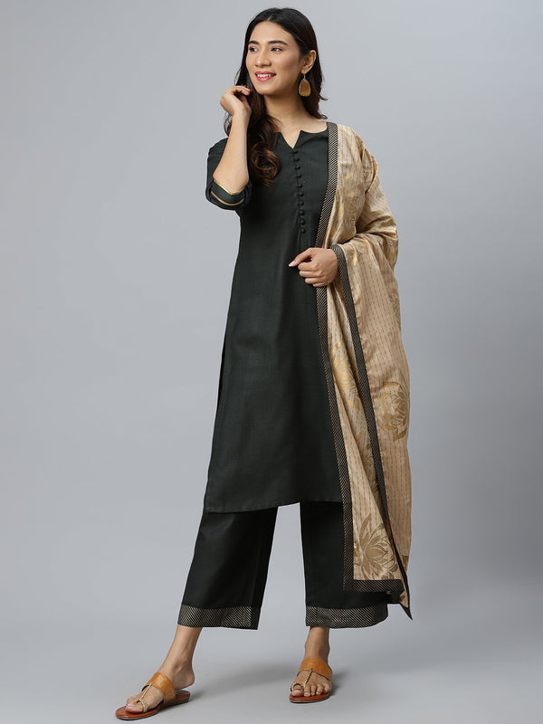 Green Solid Cotton Suit Set