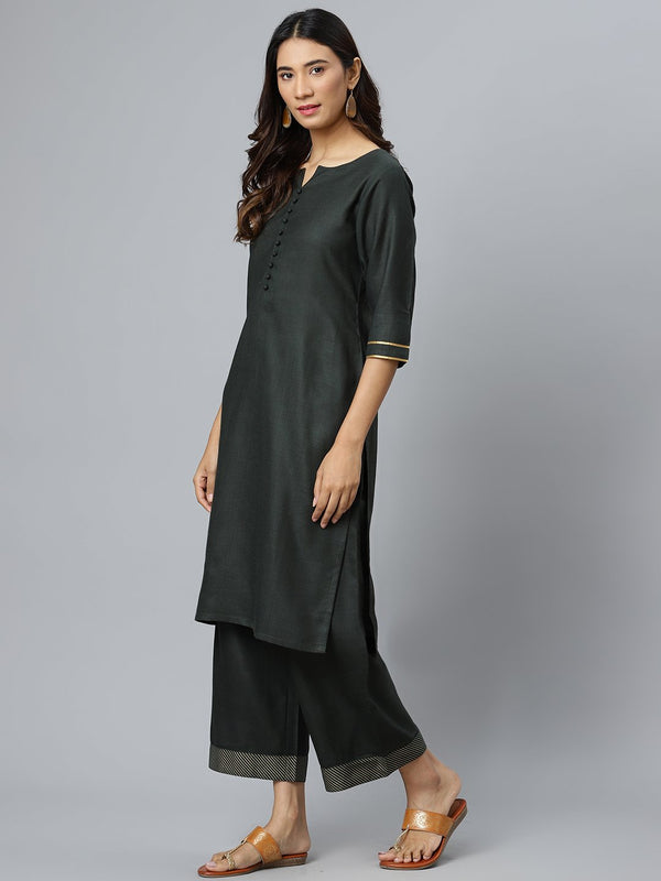 Green Solid Cotton Suit Set