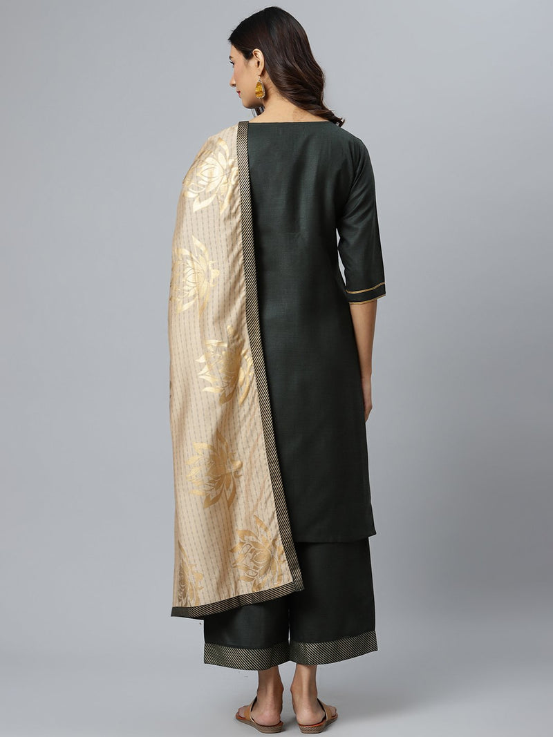 Green Solid Cotton Suit Set