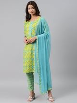 Green Printed Cotton Suit Set