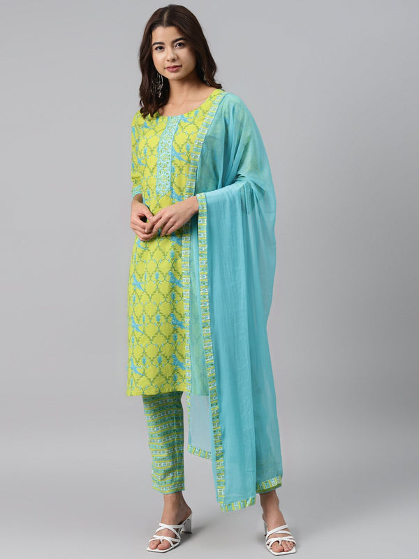 Green Printed Cotton Suit Set