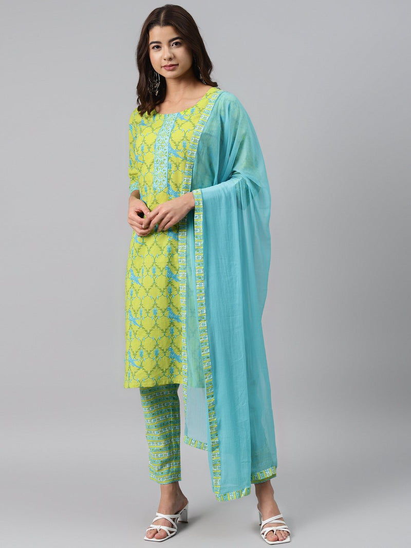 Green Printed Cotton Suit Set