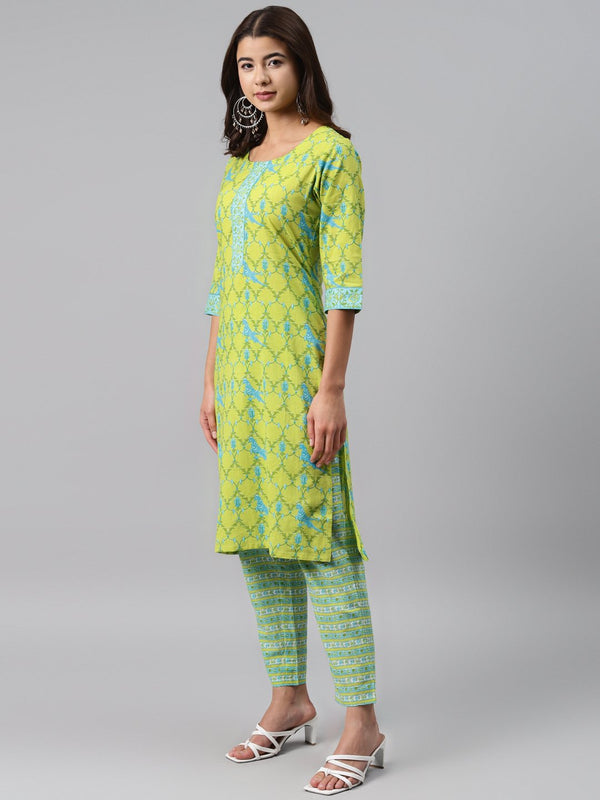 Green Printed Cotton Suit Set