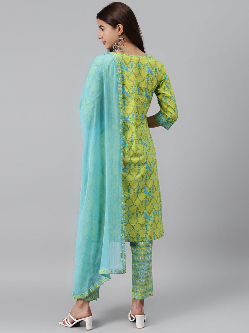 Green Printed Cotton Suit Set