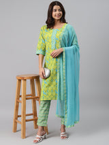 Green Printed Cotton Suit Set