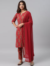 Red Printed Cotton Suit Set