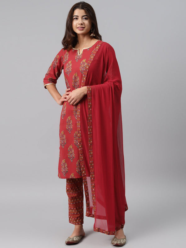 Red Printed Cotton Suit Set