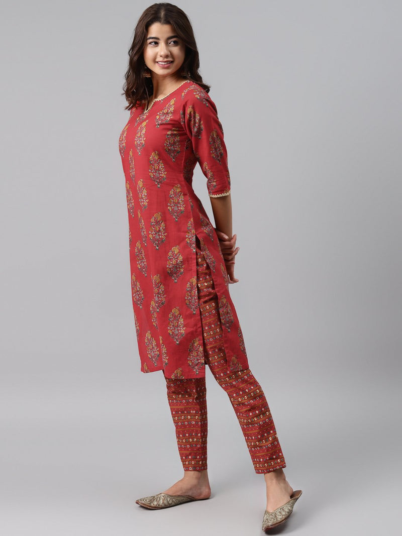 Red Printed Cotton Suit Set