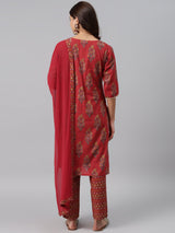 Red Printed Cotton Suit Set