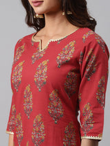 Red Printed Cotton Suit Set