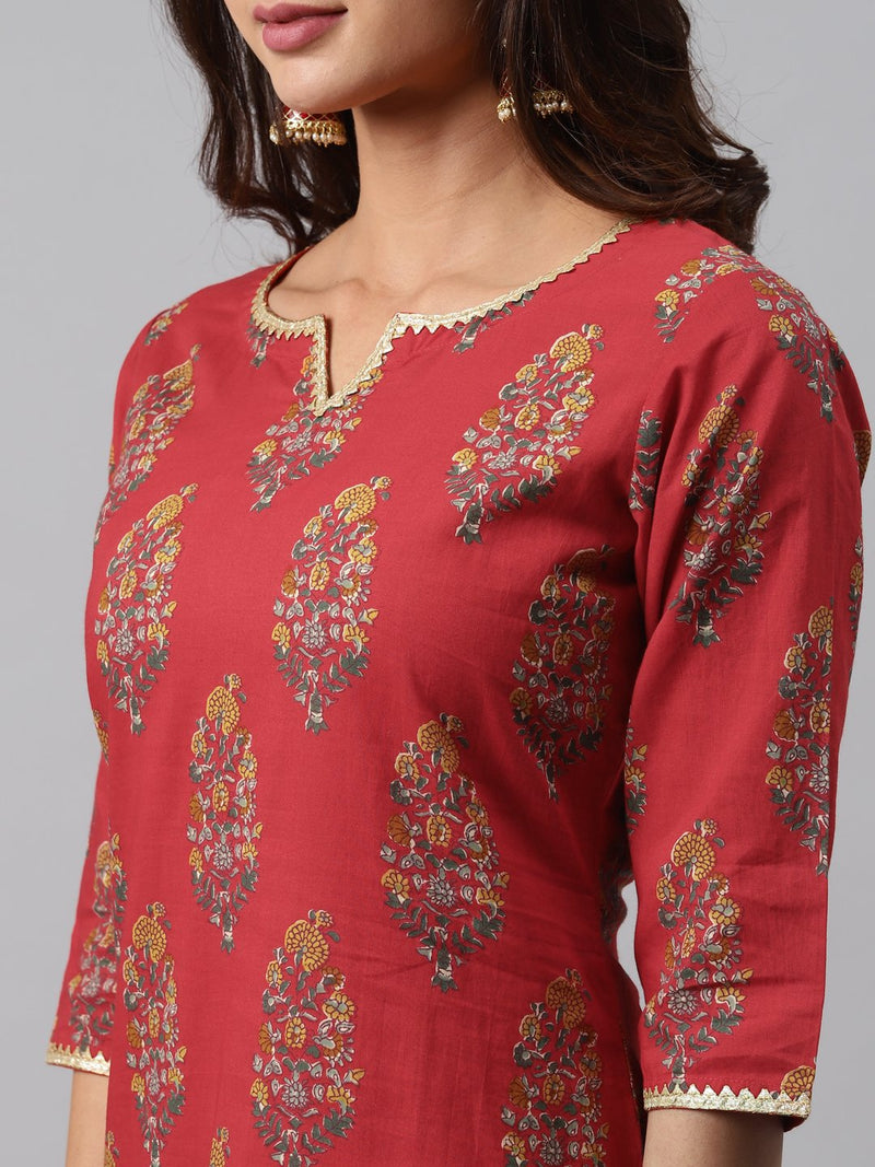 Red Printed Cotton Suit Set