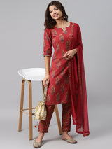 Red Printed Cotton Suit Set