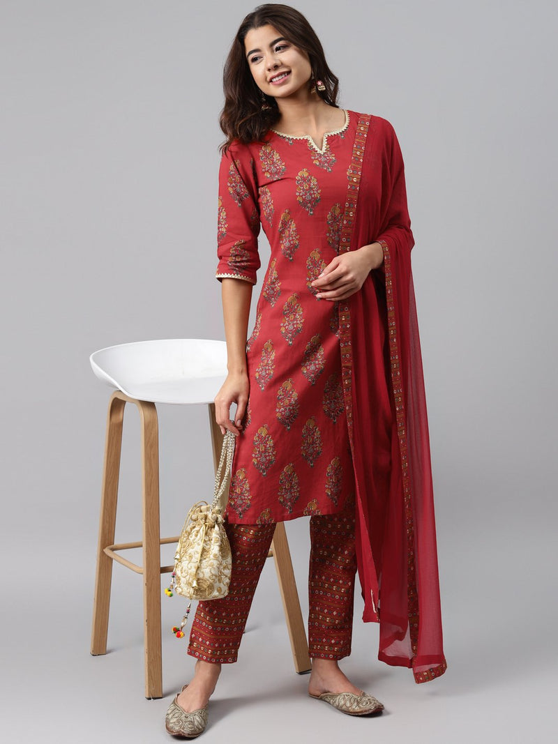 Red Printed Cotton Suit Set