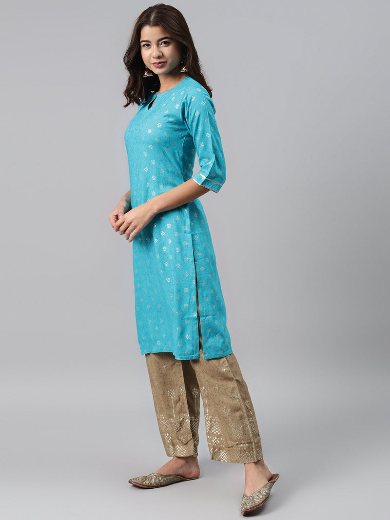 Blue Printed Rayon Suit Set