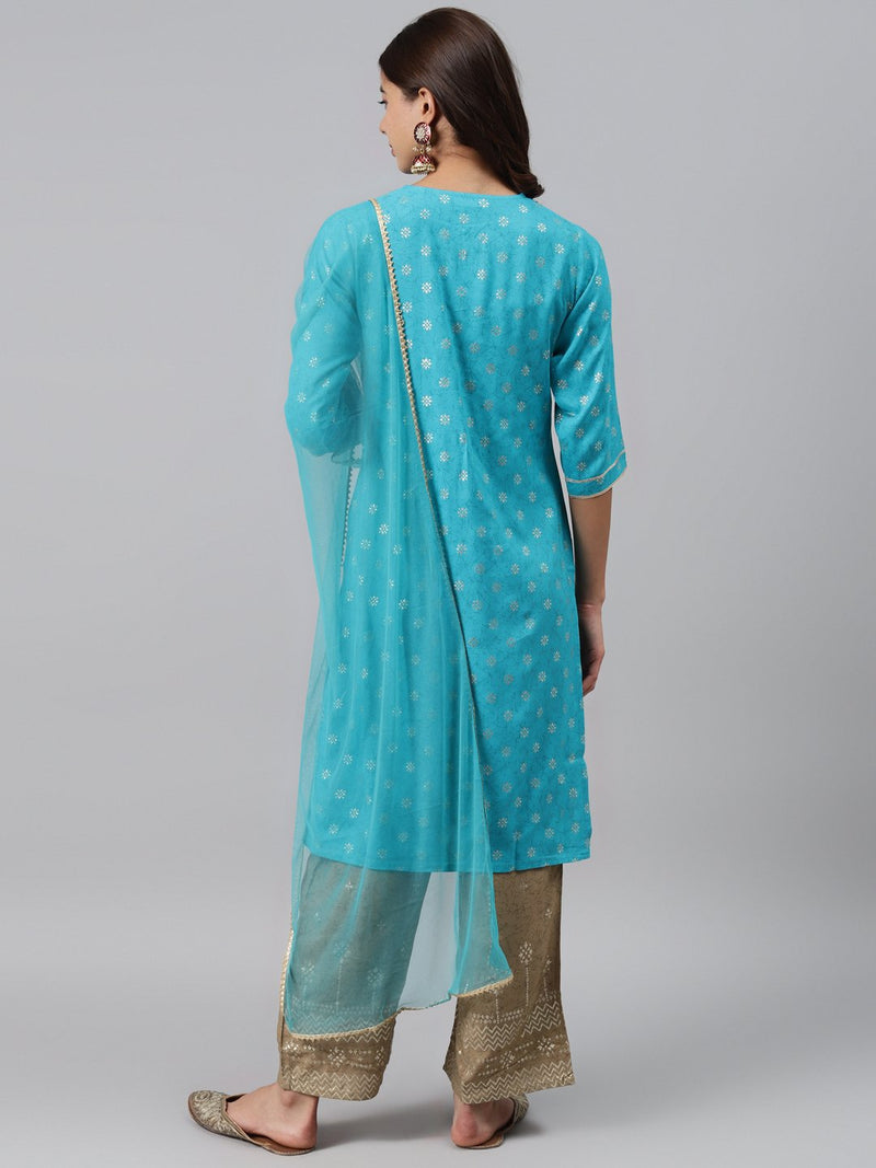 Blue Printed Rayon Suit Set