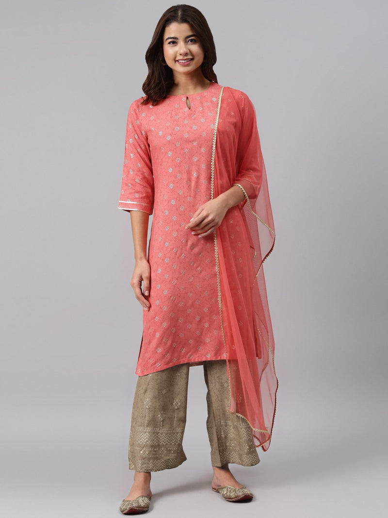 Pink Printed Rayon Suit Set