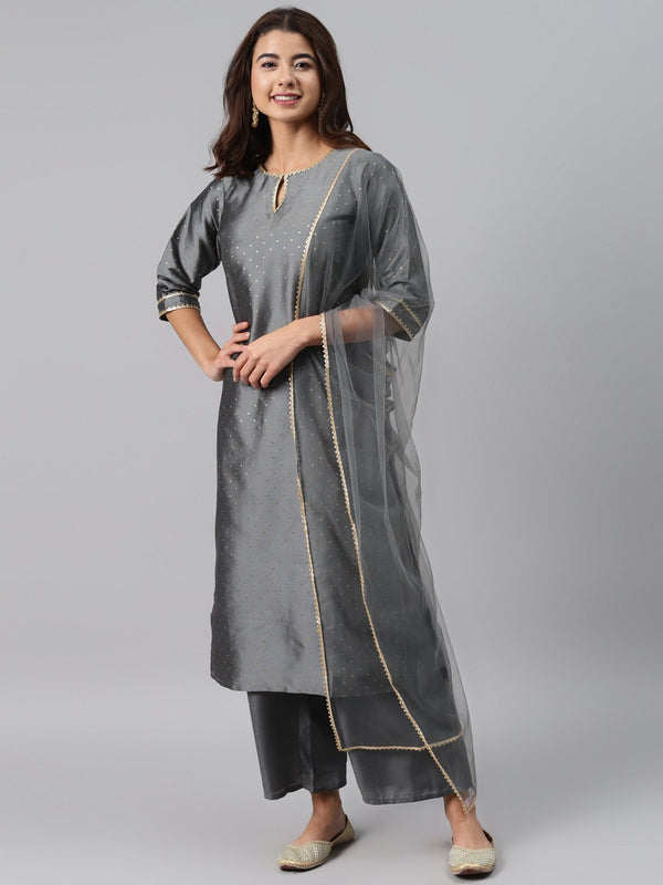 Grey Woven Design Art Silk Suit Set