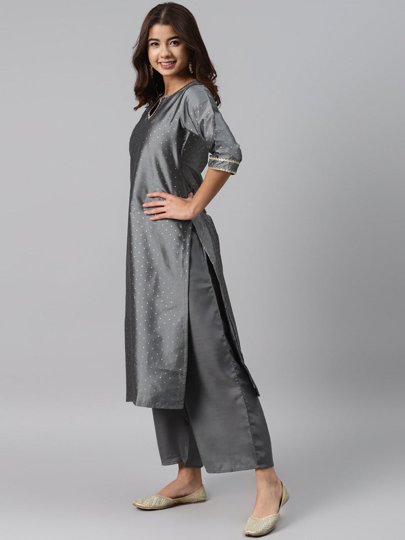 Grey Woven Design Art Silk Suit Set