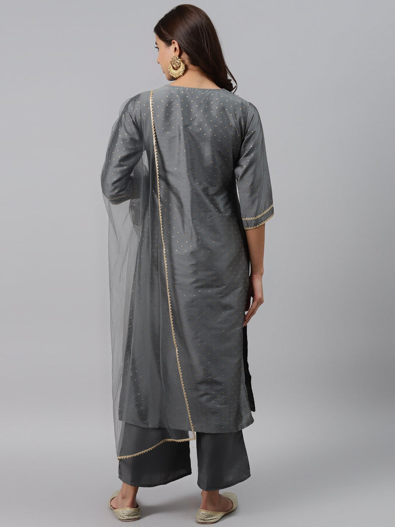 Grey Woven Design Art Silk Suit Set