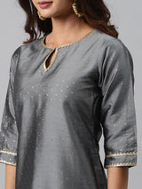 Grey Woven Design Art Silk Suit Set