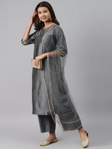 Grey Woven Design Art Silk Suit Set