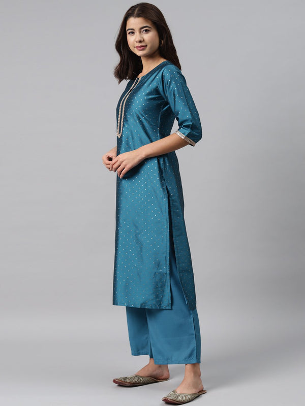 Blue Woven Design Art Silk Suit Set