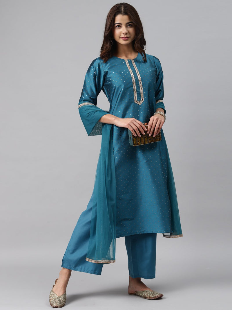 Blue Woven Design Art Silk Suit Set