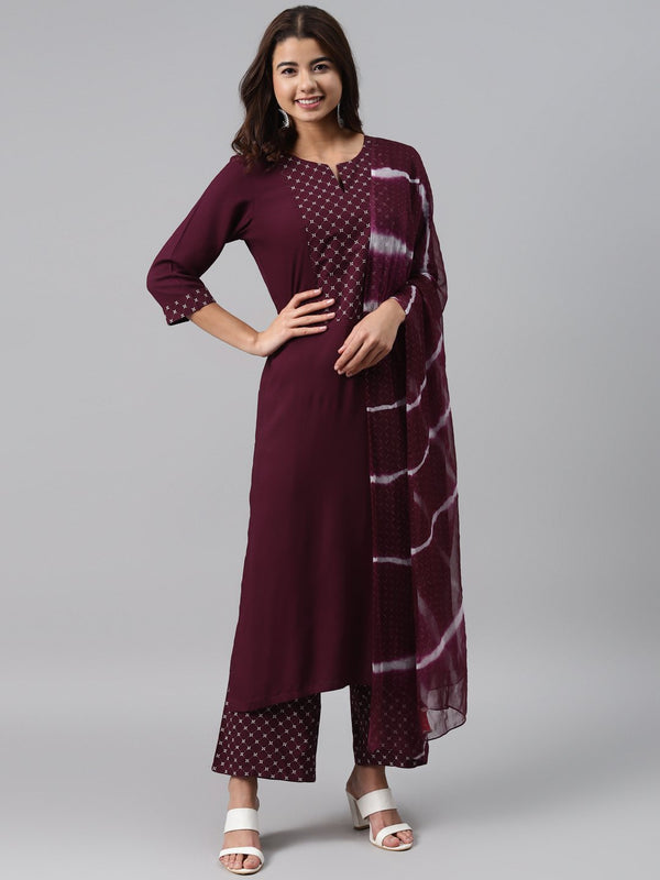 Maroon Printed Rayon Suit Set