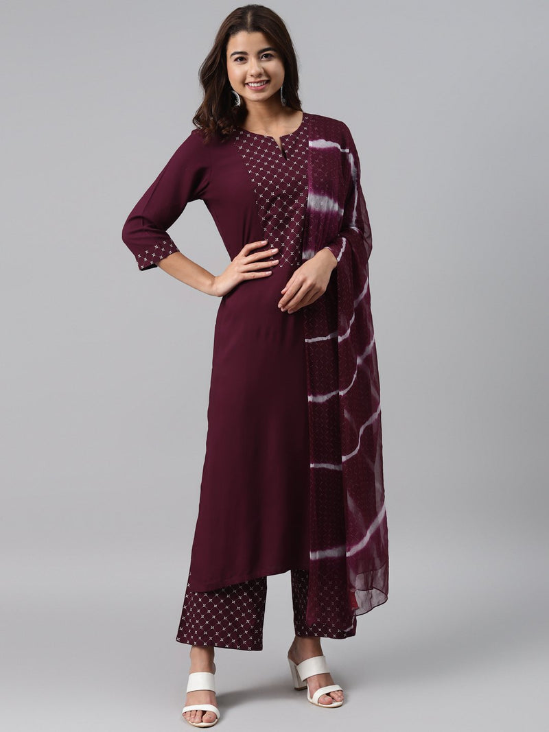 Maroon Printed Rayon Suit Set