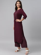 Maroon Printed Rayon Suit Set