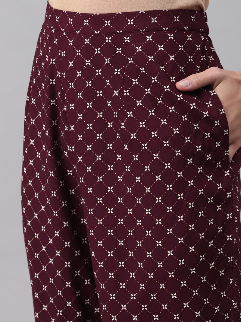 Maroon Printed Rayon Suit Set
