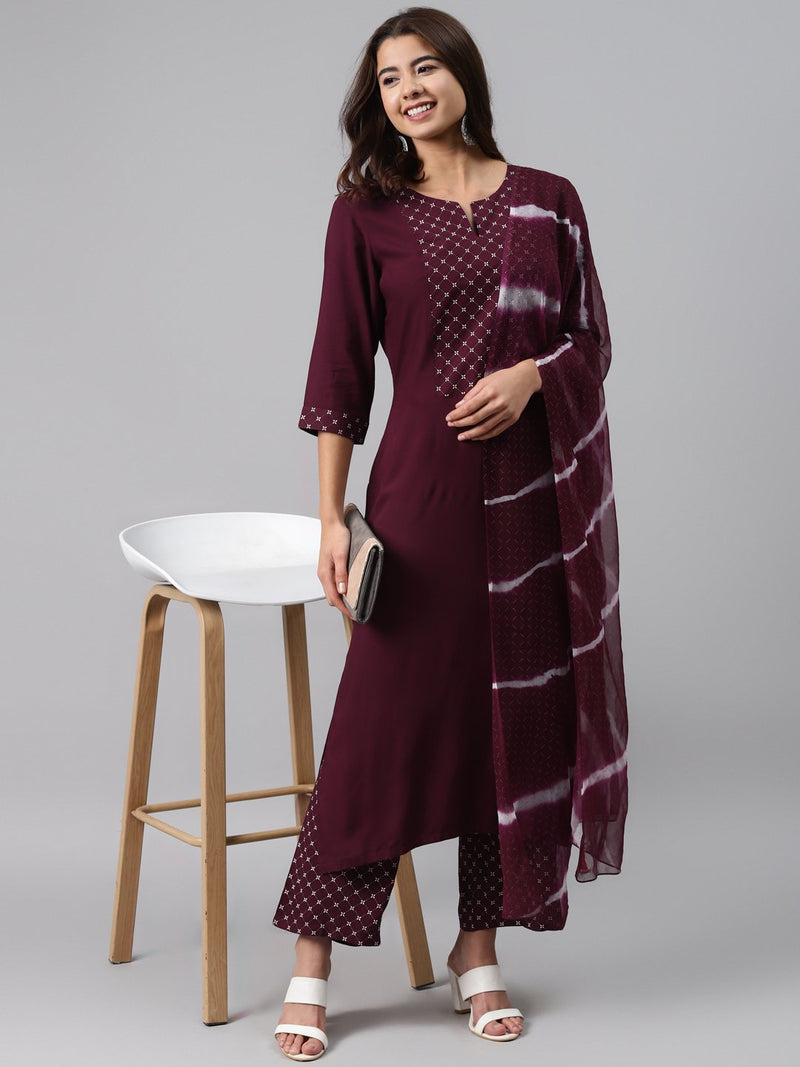 Maroon Printed Rayon Suit Set