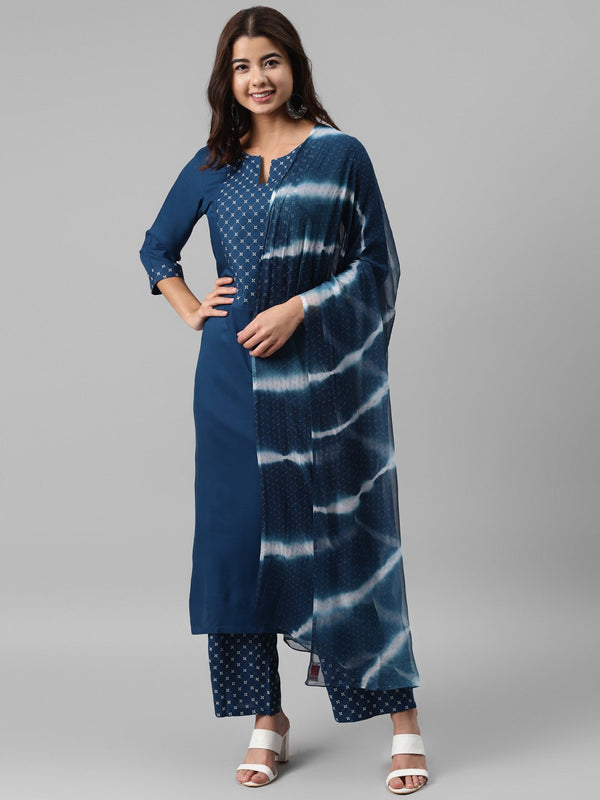 Blue Printed Rayon Suit Set