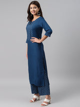Blue Printed Rayon Suit Set