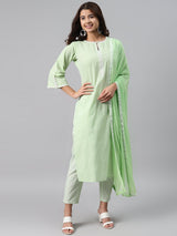 Green Solid Cotton Blend Suit Set
