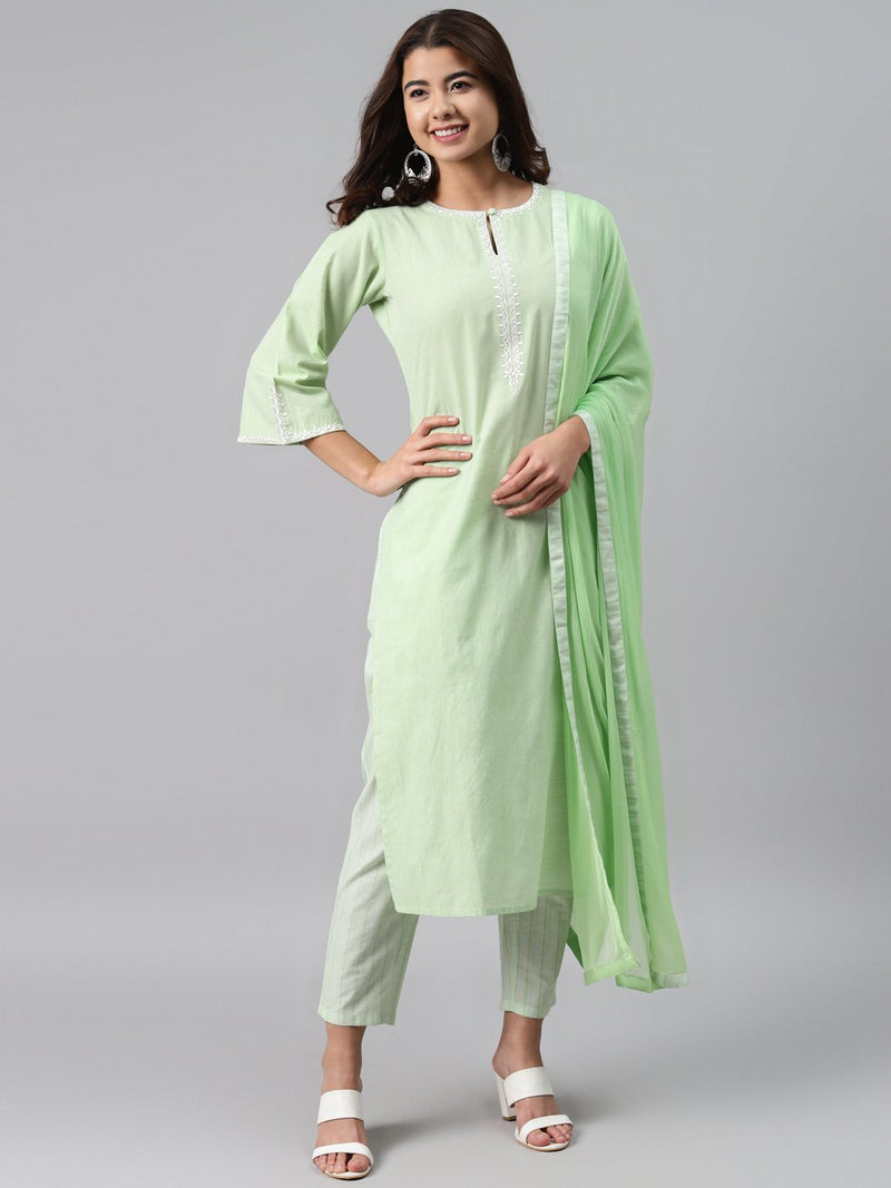 Green Solid Cotton Blend Suit Set