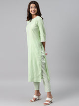 Green Solid Cotton Blend Suit Set