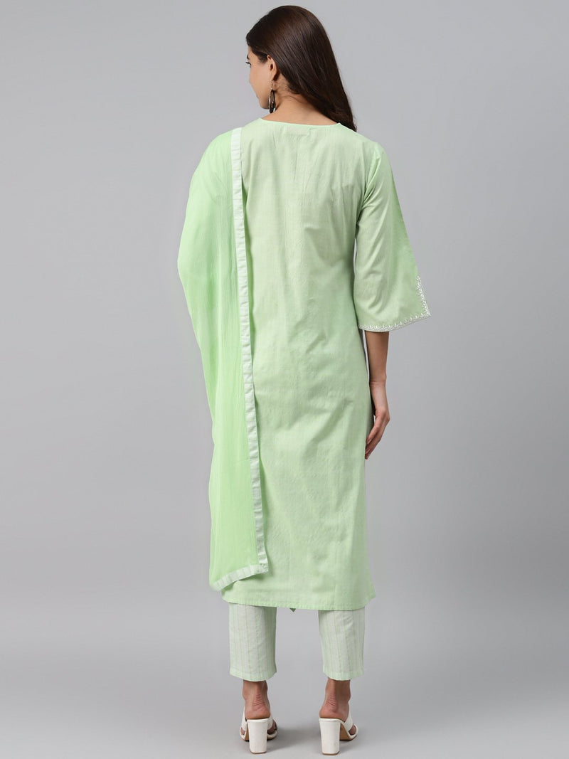 Green Solid Cotton Blend Suit Set