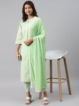 Green Solid Cotton Blend Suit Set