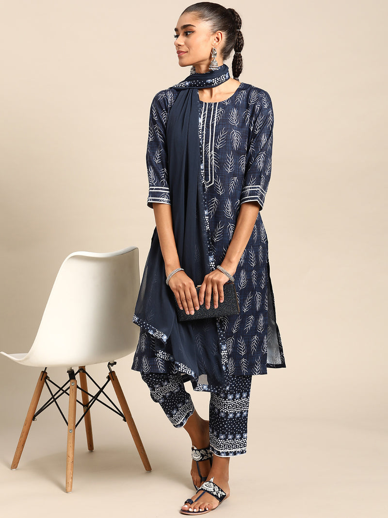 Blue Printed Rayon Suit Set